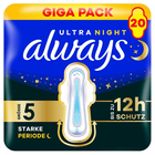Always Ultra Night Binden, Giga Pack mit 20 Stück, Größe 5 für starke Periode, bis zu 12 Stunden Schutz.